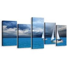 Load image into Gallery viewer, Cloudscape Voyage Canvas Print, Blue Ocean Boats Ship Multi Canvas, White Sailing Boats 5 Piece Wall Art
