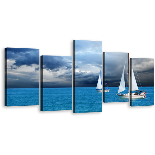 Cloudscape Voyage Canvas Print, Blue Ocean Boats Ship Multi Canvas, White Sailing Boats 5 Piece Wall Art