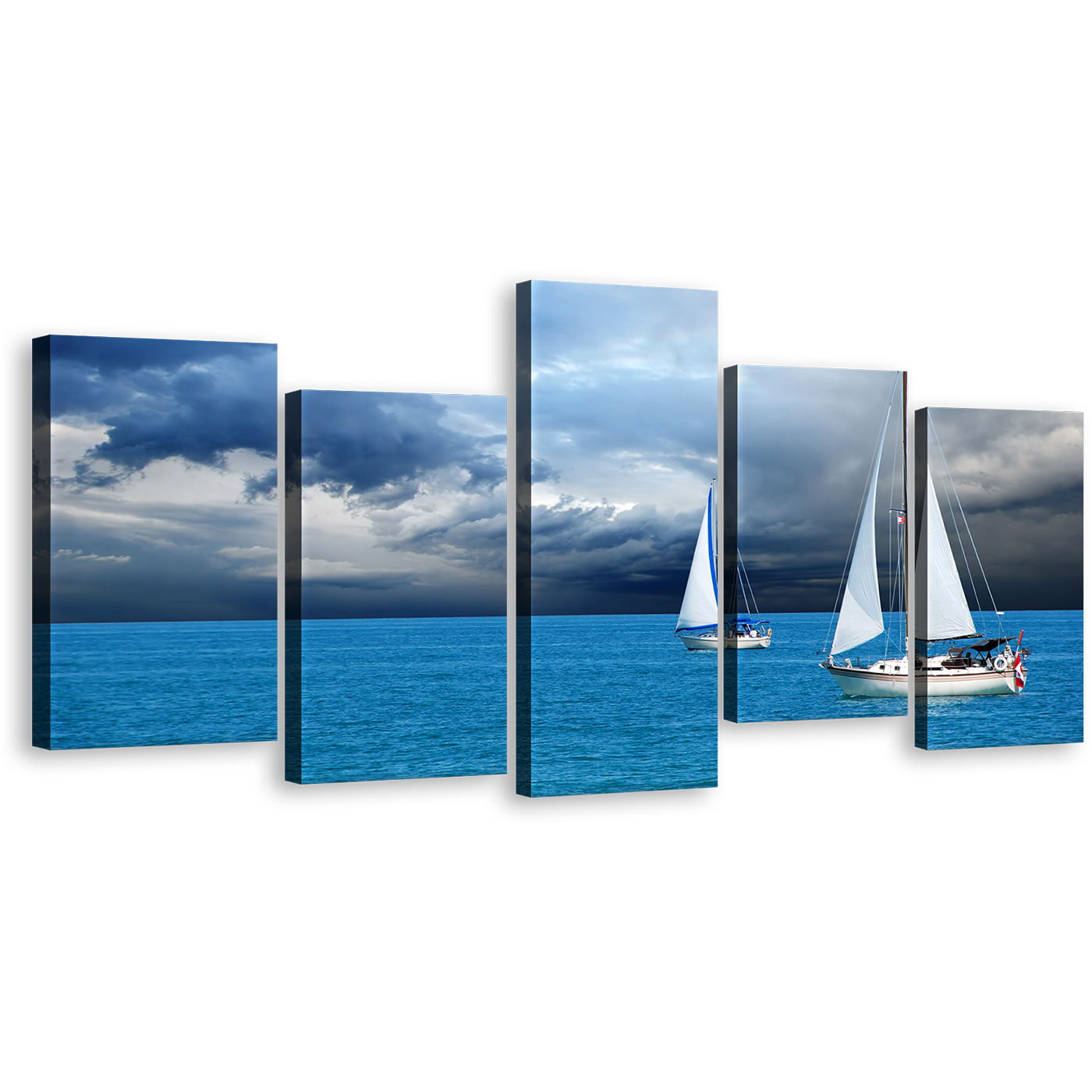 Cloudscape Voyage Canvas Print, Blue Ocean Boats Ship Multi Canvas, White Sailing Boats 5 Piece Wall Art