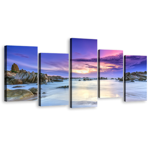 Cloudy Beach Canvas Wall Art, Blue Sky Sea 5 Piece Canvas Print, Brown Stony Beach Scenery Multi Canvas Artwork