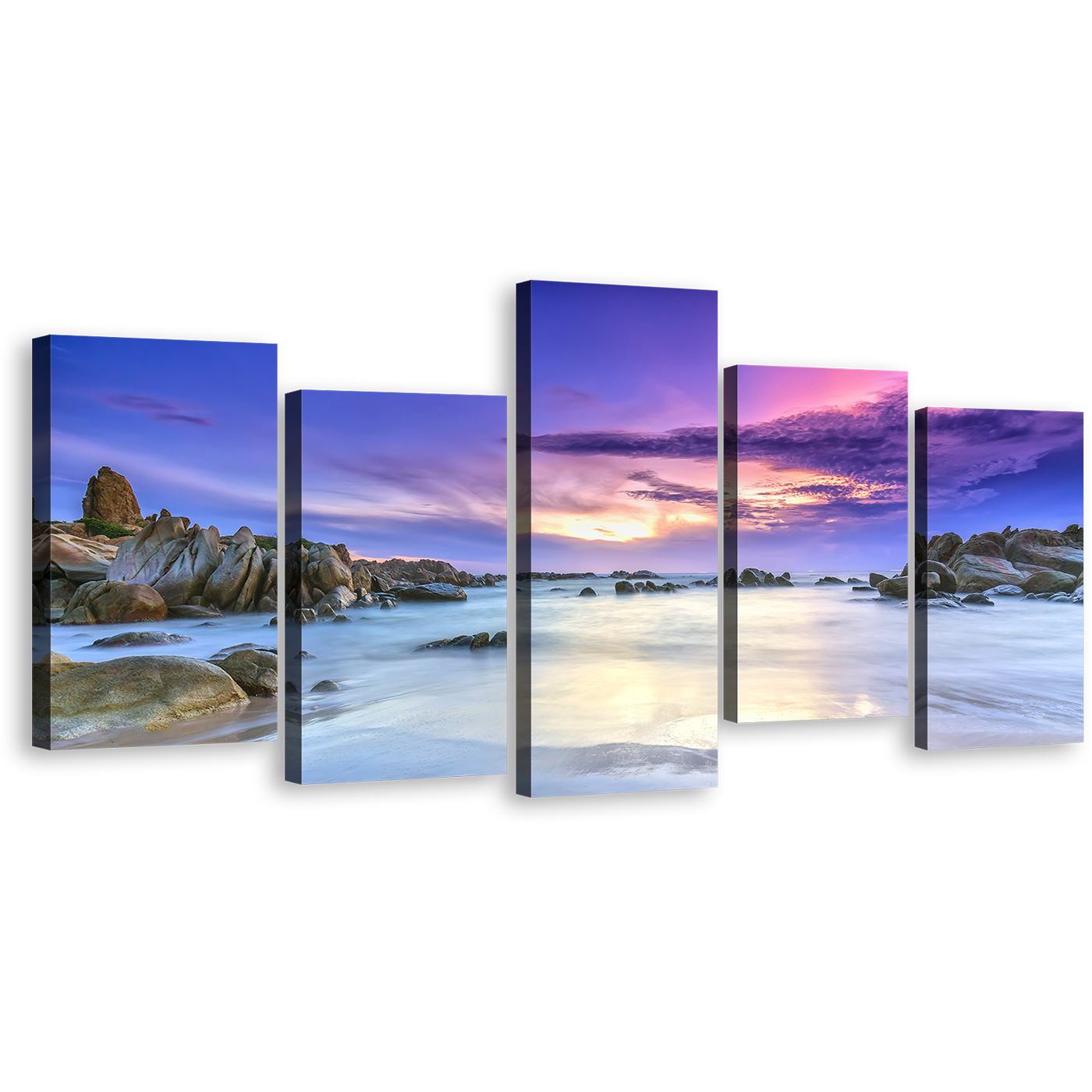 Cloudy Beach Canvas Wall Art, Blue Sky Sea 5 Piece Canvas Print, Brown Stony Beach Scenery Multi Canvas Artwork