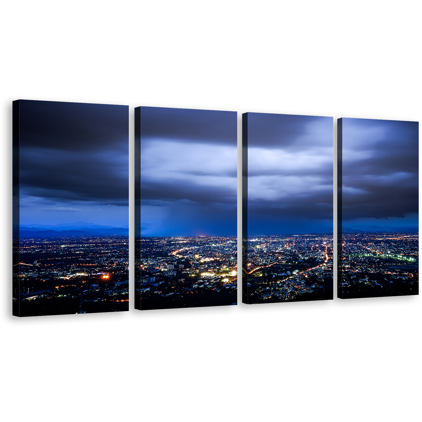 Cloudy Cityscape Canvas Print, Dramatic Blue Sky Skyline Wall Art, Yellow City Lights 4 Piece Multiple Canvas