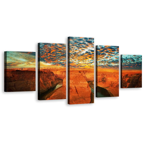 Cloudy Desert Canvas Wall Art, Grand Canyon National Park Canvas Print, Green Sky Colorado River 5 Piece Multi Panel Canvas, Arizona Horsehoe Bend Brown Desert Canvas Set