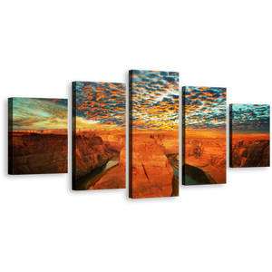Cloudy Desert Canvas Wall Art, Grand Canyon National Park Canvas Print, Green Sky Colorado River 5 Piece Multi Panel Canvas, Arizona Horsehoe Bend Brown Desert Canvas Set