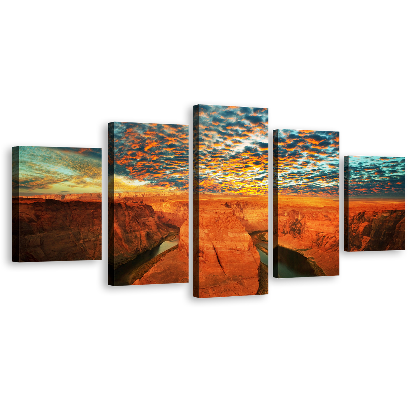 Cloudy Desert Canvas Wall Art, Grand Canyon National Park Canvas Print, Green Sky Colorado River 5 Piece Multi Panel Canvas, Arizona Horsehoe Bend Brown Desert Canvas Set