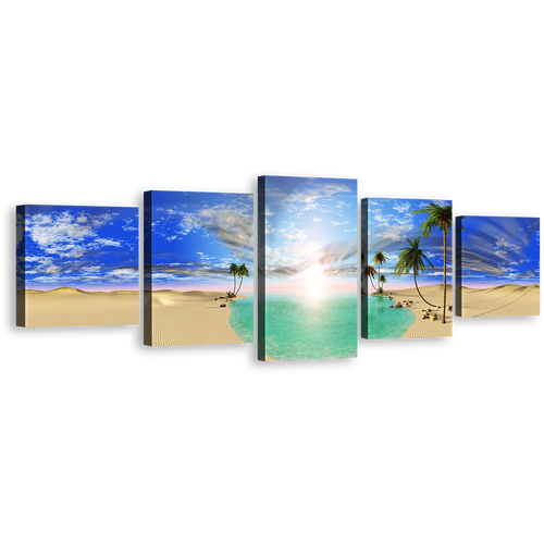 Cloudy Desert Wall Art, Dramatic Blue Sky Sunrise Canvas Print, Green Lake Trees 5 Piece Canvas Set