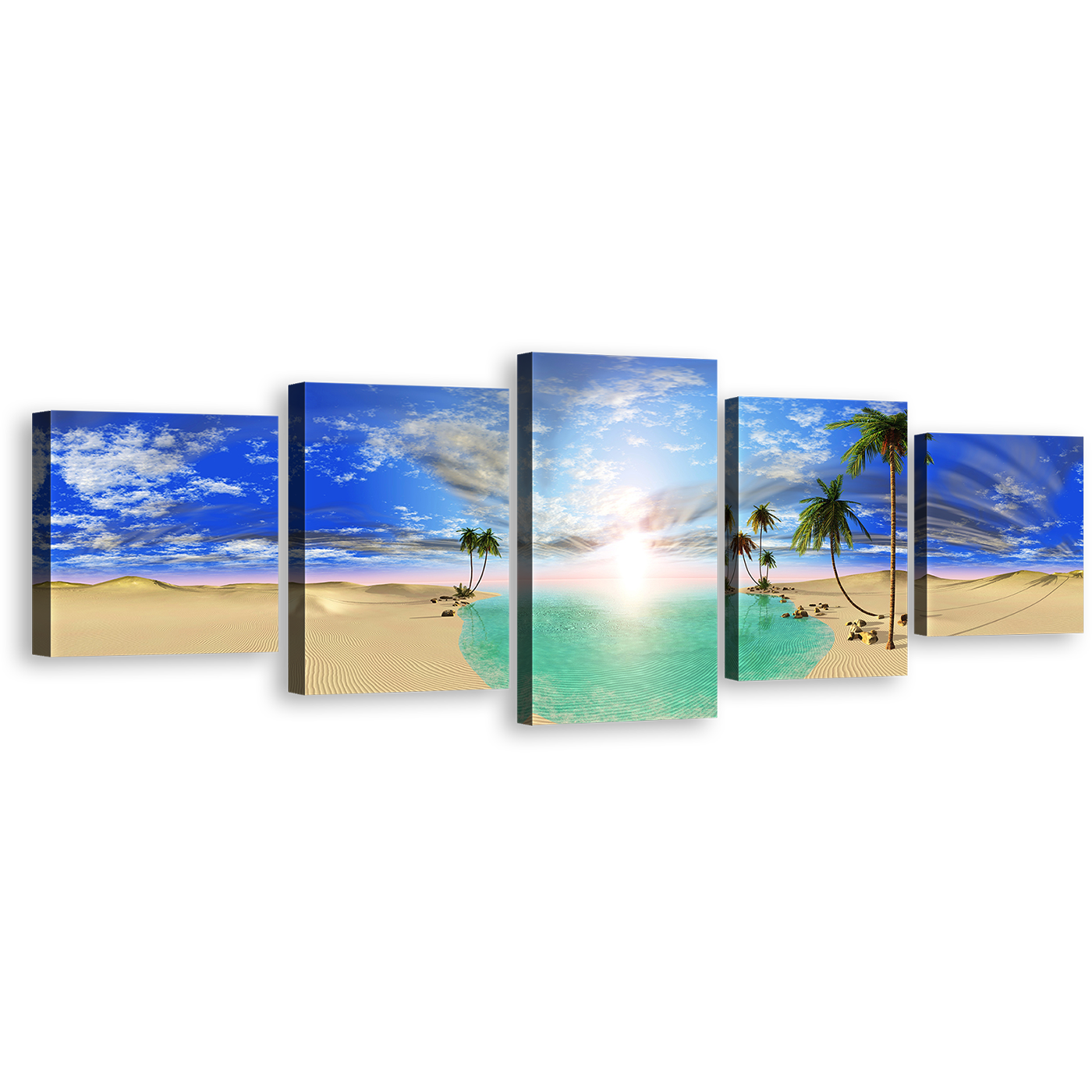 Cloudy Desert Wall Art, Dramatic Blue Sky Sunrise Canvas Print, Green Lake Trees 5 Piece Canvas Set