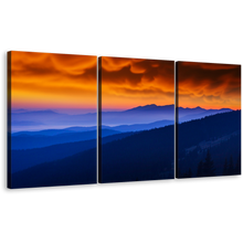 Load image into Gallery viewer, Cloudy Landscape Canvas Wall Art, Ukraine Landscape Orange Sky Canvas Print, Beautiful Blue Majestic Mountains 3 Piece Canvas Set
