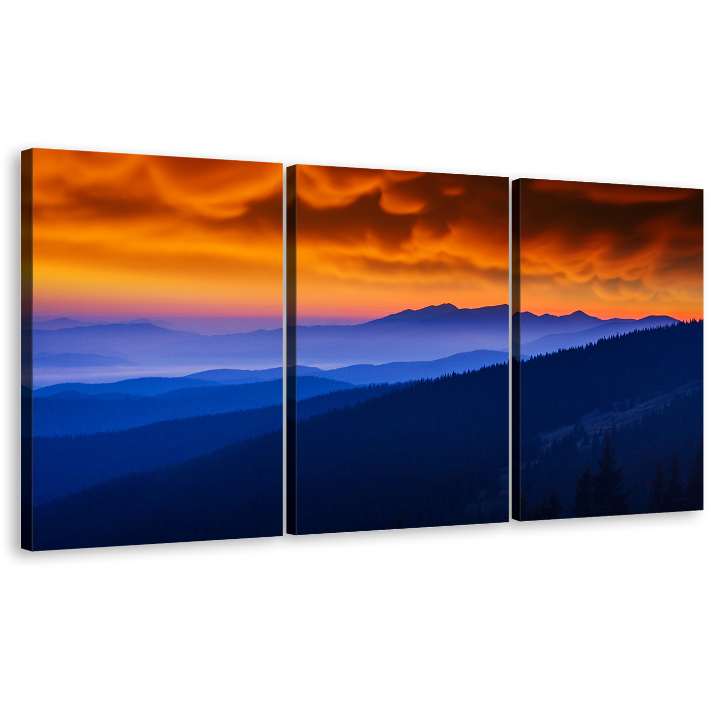 Cloudy Landscape Canvas Wall Art, Ukraine Landscape Orange Sky Canvas Print, Beautiful Blue Majestic Mountains 3 Piece Canvas Set