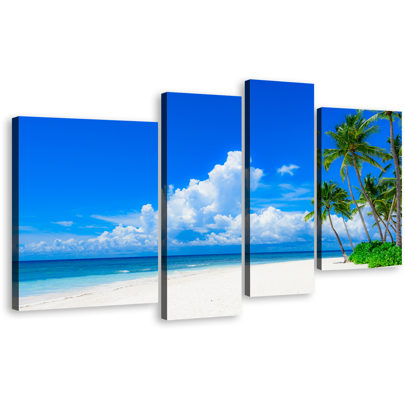 Cloudy Ocean Canvas Print, Blue Ocean Sky 4 Piece Canvas Wall Art, Green Trees Ocean Beach Canvas Set