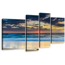 Load image into Gallery viewer, Cloudy Ocean Canvas Print, Central Coast Blue Ocean Waves 4 Piece Canvas Wall Art, Australia Yellow Sky Beach Sea Multiple Canvas
