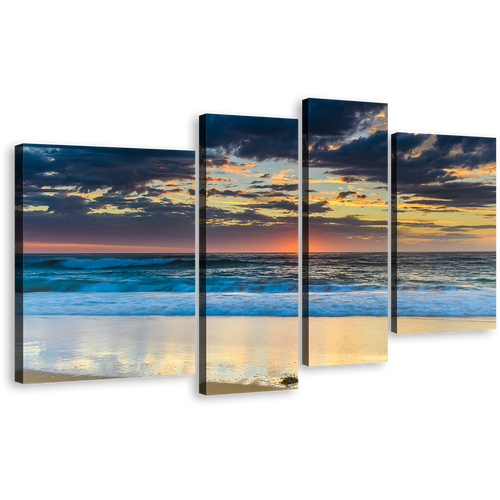 Cloudy Ocean Canvas Print, Central Coast Blue Ocean Waves 4 Piece Canvas Wall Art, Australia Yellow Sky Beach Sea Multiple Canvas