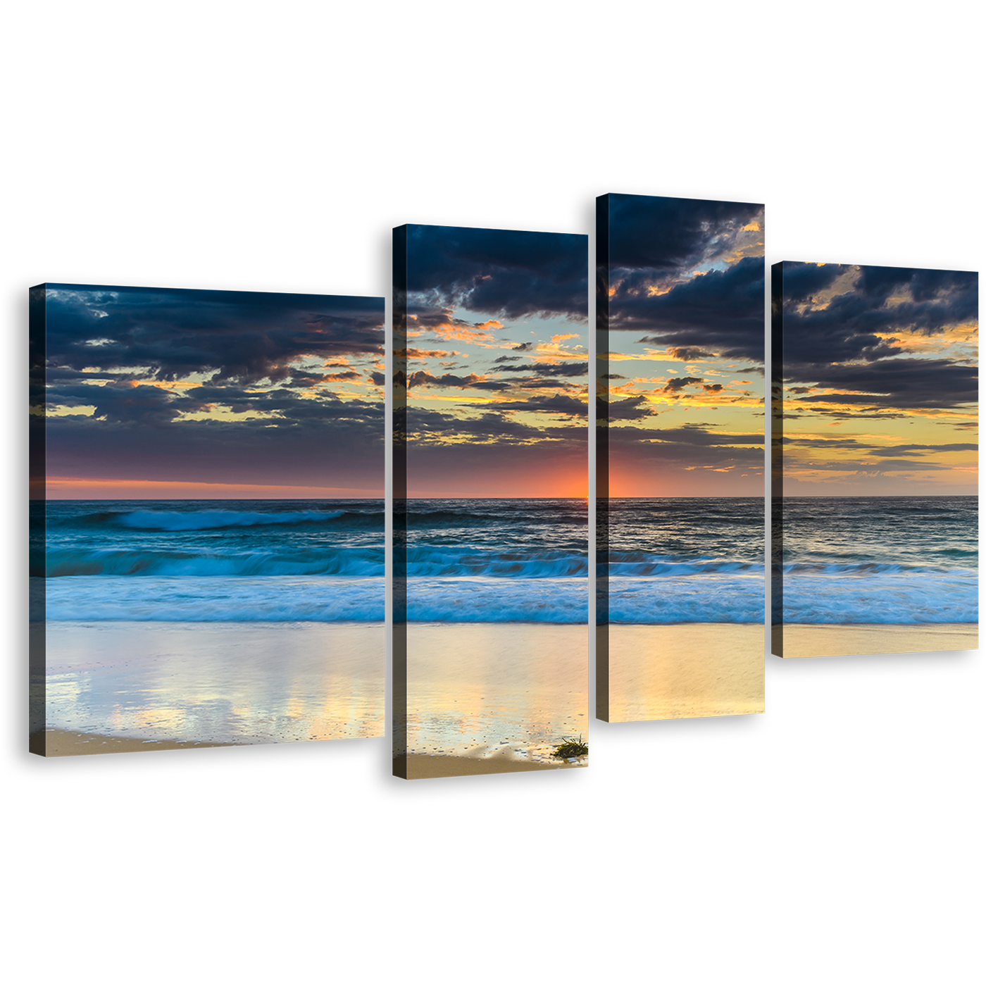 Cloudy Ocean Canvas Print, Central Coast Blue Ocean Waves 4 Piece Canvas Wall Art, Australia Yellow Sky Beach Sea Multiple Canvas