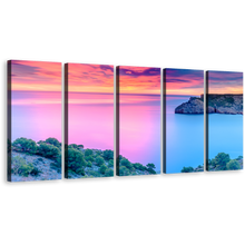 Load image into Gallery viewer, Cloudy Ocean Canvas Print, Orange Sky Mediterranean Sea, Spain Blue Pink Ocean 5 Piece Canvas Wall Art
