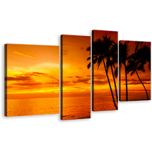 Load image into Gallery viewer, Cloudy Ocean Canvas Print, Orange Yellow Ocean Sky 4 Piece Canvas Print, Silhouette Palm Trees Canvas Wall Art
