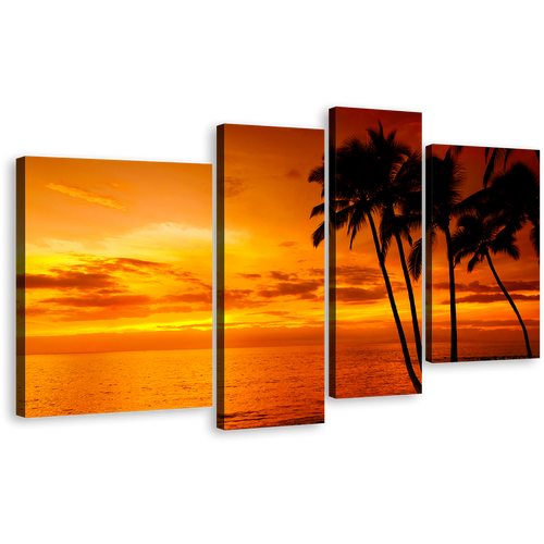 Cloudy Ocean Canvas Print, Orange Yellow Ocean Sky 4 Piece Canvas Print, Silhouette Palm Trees Canvas Wall Art