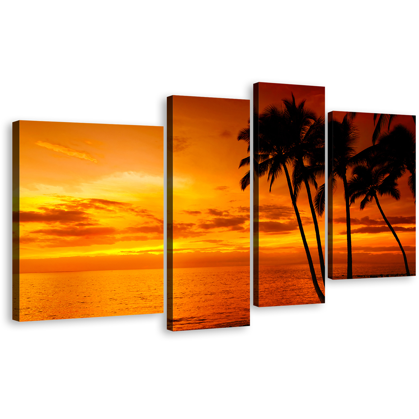 Cloudy Ocean Canvas Print, Orange Yellow Ocean Sky 4 Piece Canvas Print, Silhouette Palm Trees Canvas Wall Art