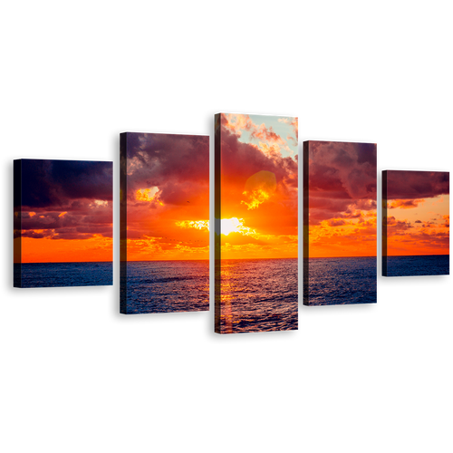 Cloudy Ocean Canvas Print, Russia Blue Ocean 5 Piece Canvas Wall Art, Sochi Orange Sky Ocean Multi Canvas