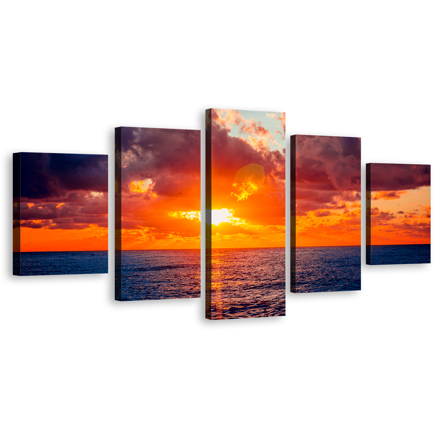 Cloudy Ocean Canvas Print, Russia Blue Ocean 5 Piece Canvas Wall Art, Sochi Orange Sky Ocean Multi Canvas