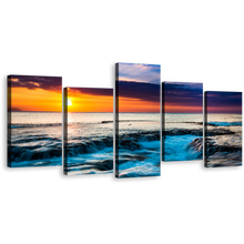 Load image into Gallery viewer, Cloudy Ocean Canvas Wall Art, Blue Sea Waves Multiple Canvas, Hawaiian Orange Sunset 5 Piece Canvas Print
