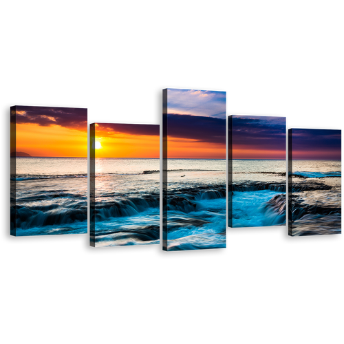 Cloudy Ocean Canvas Wall Art, Blue Sea Waves Multiple Canvas, Hawaiian Orange Sunset 5 Piece Canvas Print