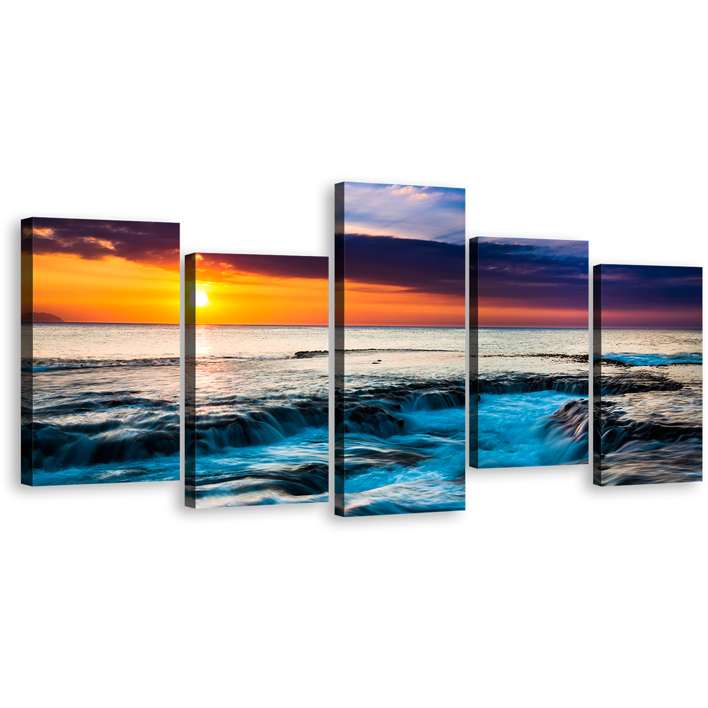 Cloudy Ocean Canvas Wall Art, Blue Sea Waves Multiple Canvas, Hawaiian Orange Sunset 5 Piece Canvas Print