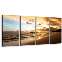 Load image into Gallery viewer, Cloudy Ocean Canvas Wall Art, Brown Ocean Beach Multi Canvas Artwork, Yellow Sunset Seascape 4 Piece Canvas Wall Art
