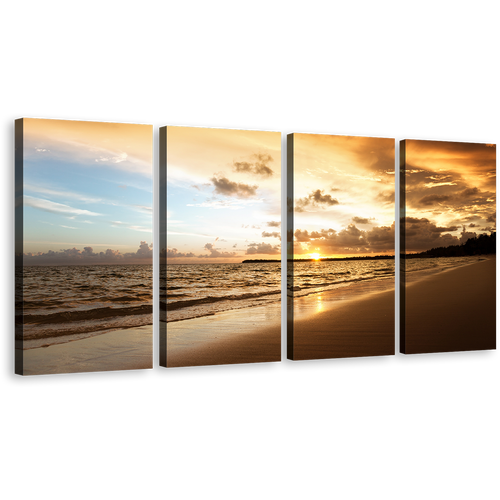 Cloudy Ocean Canvas Wall Art, Brown Ocean Beach Multi Canvas Artwork, Yellow Sunset Seascape 4 Piece Canvas Wall Art