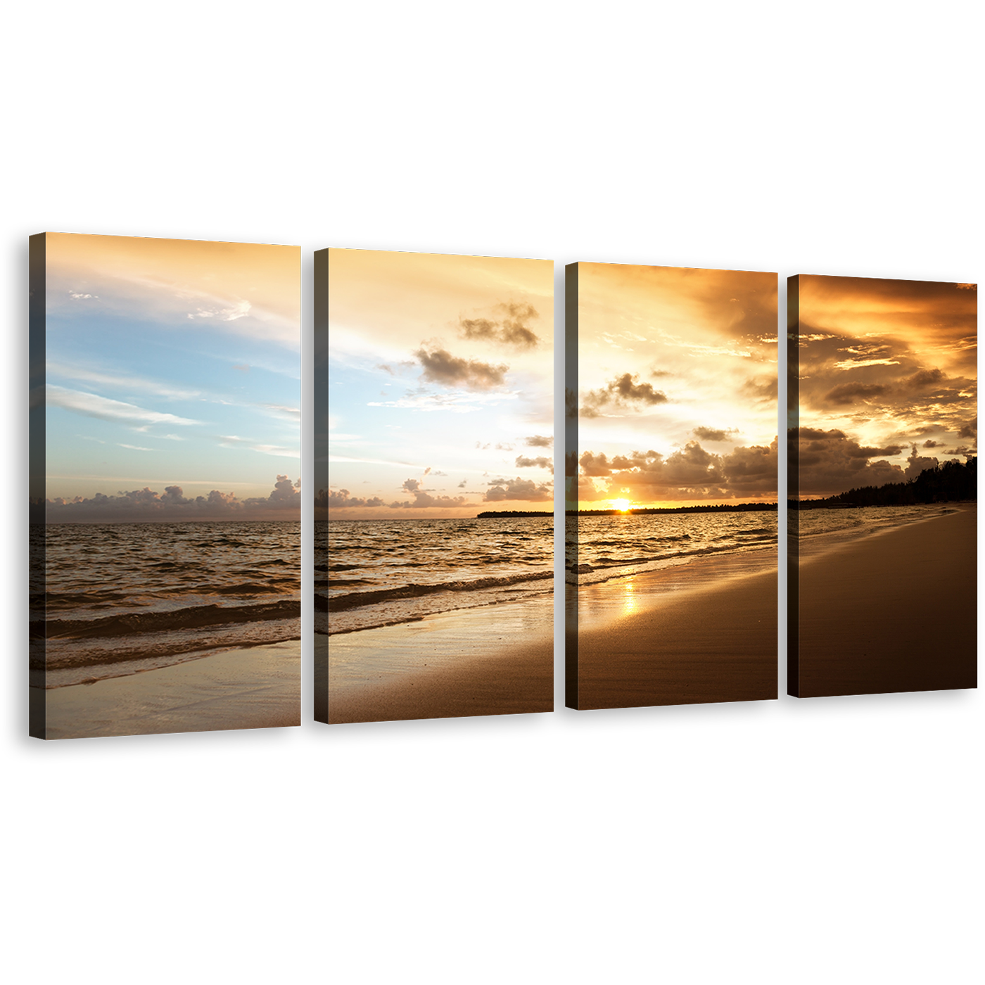 Cloudy Ocean Canvas Wall Art, Brown Ocean Beach Multi Canvas Artwork, Yellow Sunset Seascape 4 Piece Canvas Wall Art