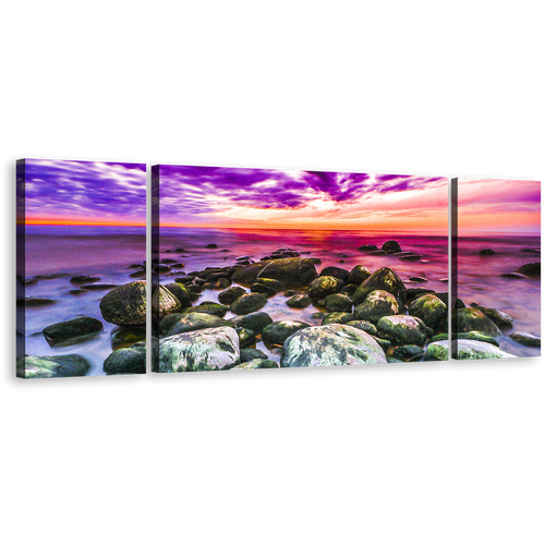 Cloudy Ocean Canvas Wall Art, Colorful Ocean Sky 3 Piece Multi Canvas, Ocean Rocks Triptych Canvas Print