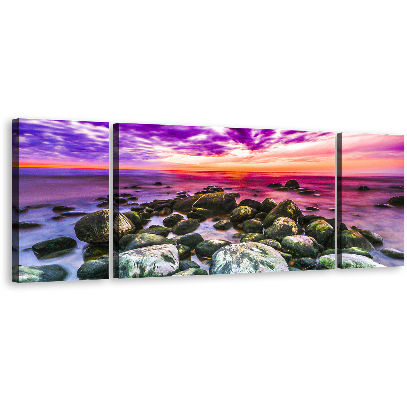 Cloudy Ocean Canvas Wall Art, Colorful Ocean Sky 3 Piece Multi Canvas, Ocean Rocks Triptych Canvas Print