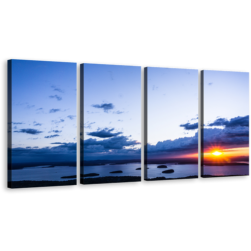 Cloudy Ocean Canvas Wall Art, Dramatic Yellow Sky Ocean 4 Piece Canvas Print, Cadillac Mountain Blue Ocean Multiple Canvas