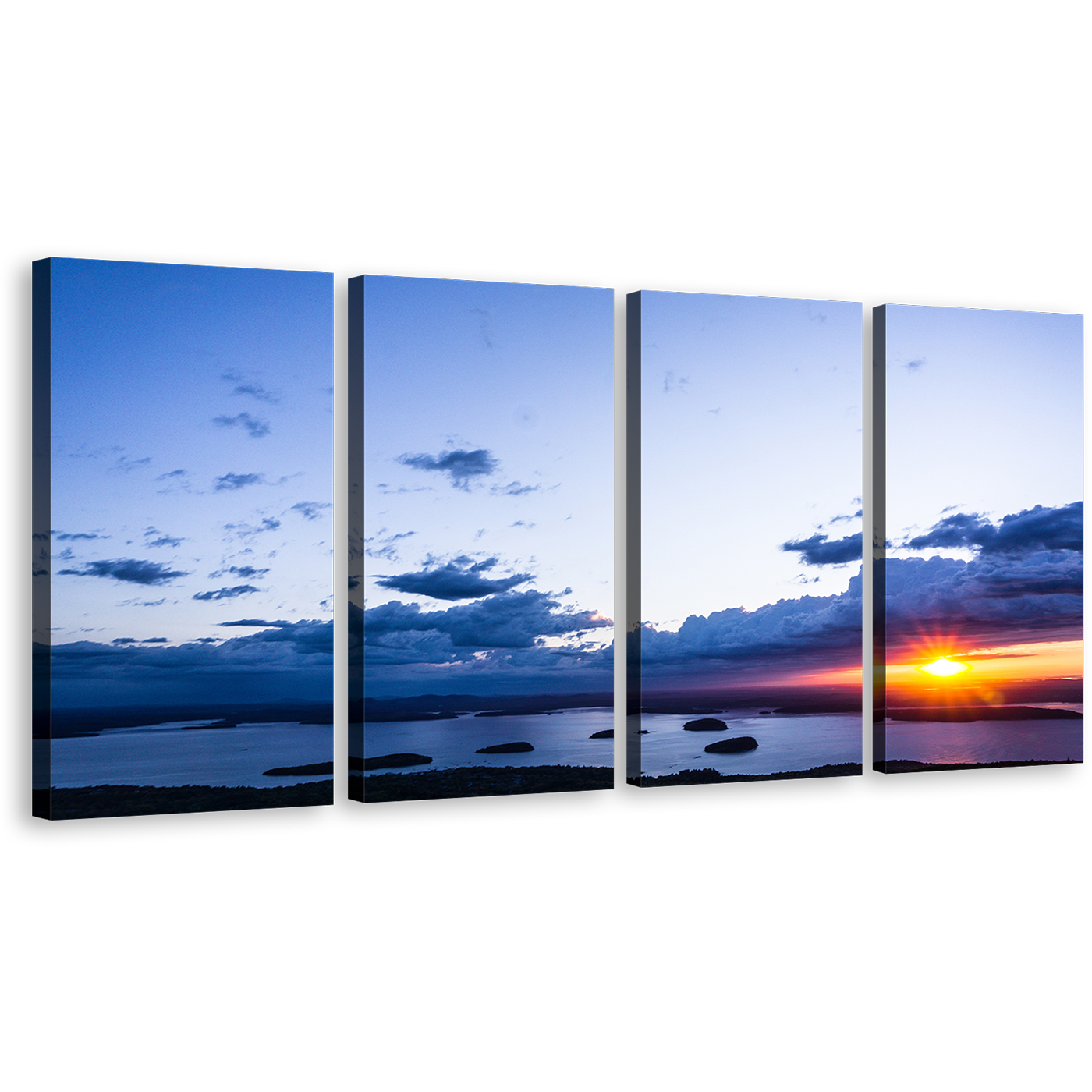 Cloudy Ocean Canvas Wall Art, Dramatic Yellow Sky Ocean 4 Piece Canvas Print, Cadillac Mountain Blue Ocean Multiple Canvas