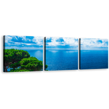 Load image into Gallery viewer, Cloudy Ocean Canvas Wall Art, Green Trees Adriatic Sea 3 Piece Canvas Print, Beautiful Blue Ocean Triptych Multiple Canvas
