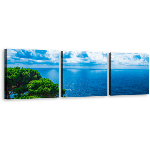 Cloudy Ocean Canvas Wall Art, Green Trees Adriatic Sea 3 Piece Canvas Print, Beautiful Blue Ocean Triptych Multiple Canvas