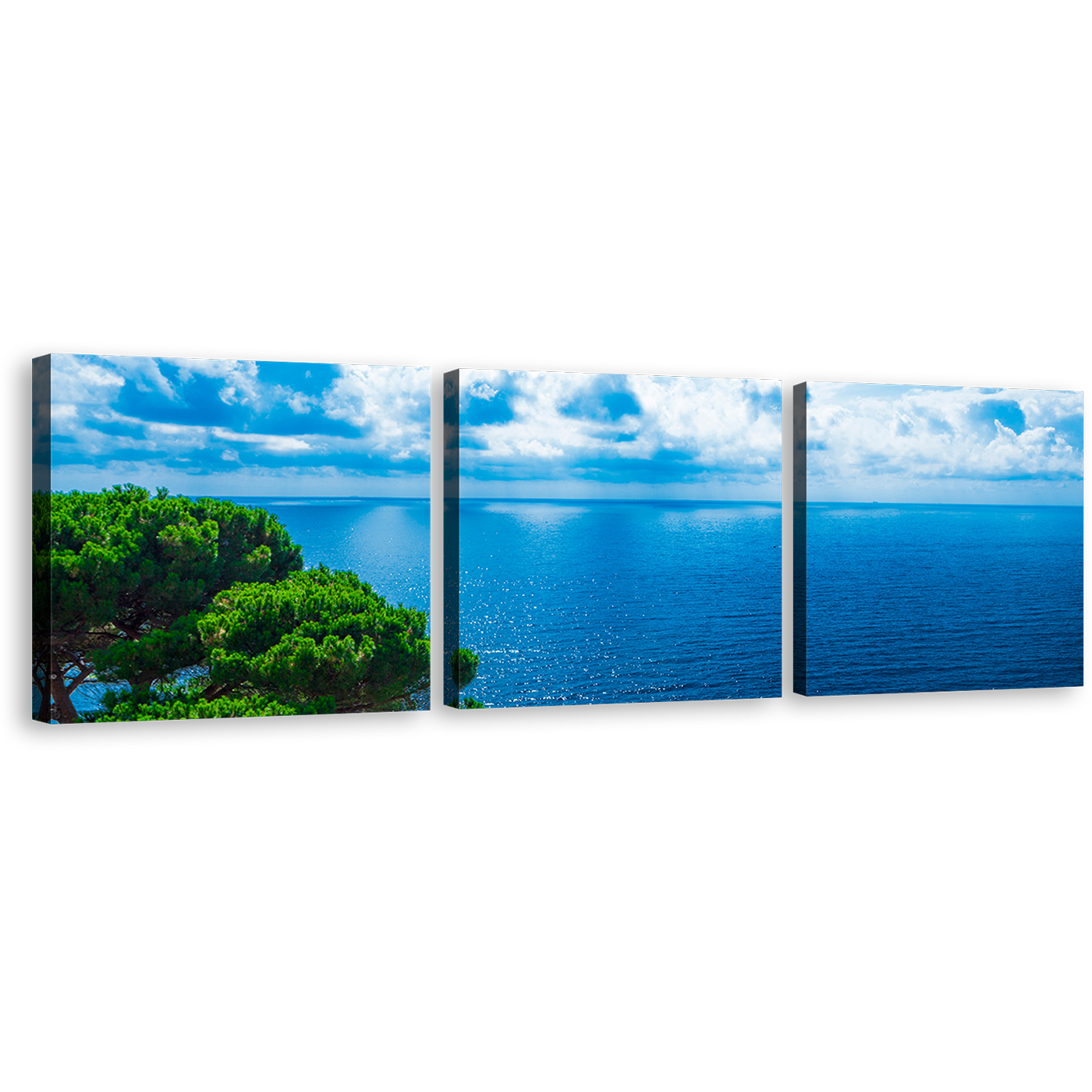 Cloudy Ocean Canvas Wall Art, Green Trees Adriatic Sea 3 Piece Canvas Print, Beautiful Blue Ocean Triptych Multiple Canvas