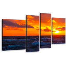 Load image into Gallery viewer, Cloudy Ocean Canvas Wall Art, Orange Ocean Sky 4 Piece Canvas Set, Blue Ocean Sea Waves Canvas Print
