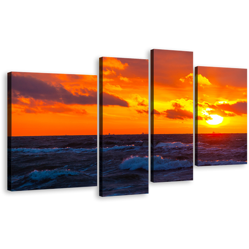 Cloudy Ocean Canvas Wall Art, Orange Ocean Sky 4 Piece Canvas Set, Blue Ocean Sea Waves Canvas Print