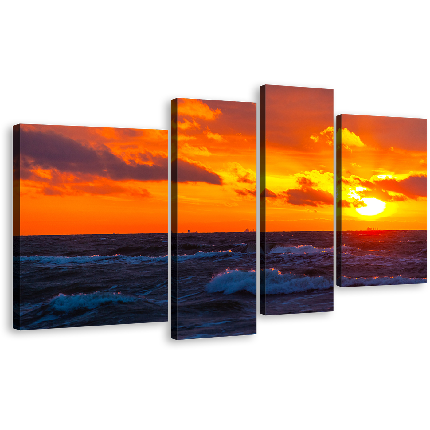 Cloudy Ocean Canvas Wall Art, Orange Ocean Sky 4 Piece Canvas Set, Blue Ocean Sea Waves Canvas Print