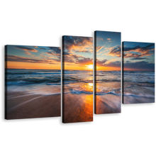 Load image into Gallery viewer, Cloudy Ocean Canvas Wall Art, Orange Ocean Sunset Seascape 4 Piece Canvas Print, Blue Ocean Waves Multiple Canvas
