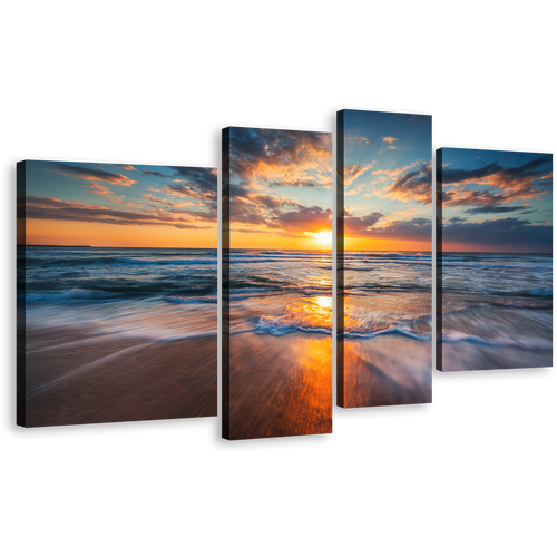 Cloudy Ocean Canvas Wall Art, Orange Ocean Sunset Seascape 4 Piece Canvas Print, Blue Ocean Waves Multiple Canvas