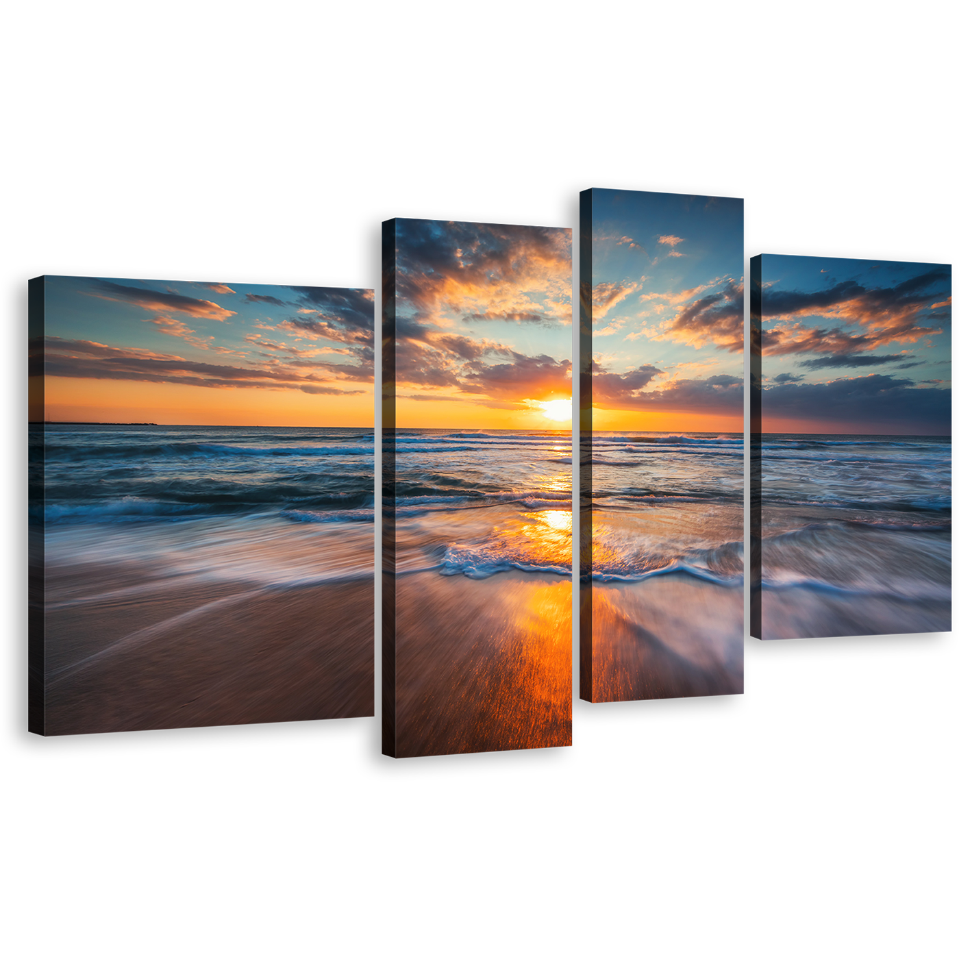 Cloudy Ocean Canvas Wall Art, Orange Ocean Sunset Seascape 4 Piece Canvas Print, Blue Ocean Waves Multiple Canvas