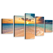 Load image into Gallery viewer, Cloudy Ocean Canvas Wall Art, Yellow Sky Maldives Island Canvas Print, Blue Sea Ocean Beach 5 Piece Multi Canvas Artwork
