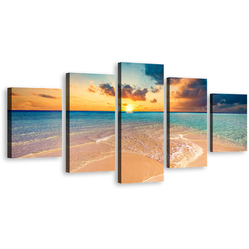 Cloudy Ocean Canvas Wall Art, Yellow Sky Maldives Island Canvas Print, Blue Sea Ocean Beach 5 Piece Multi Canvas Artwork