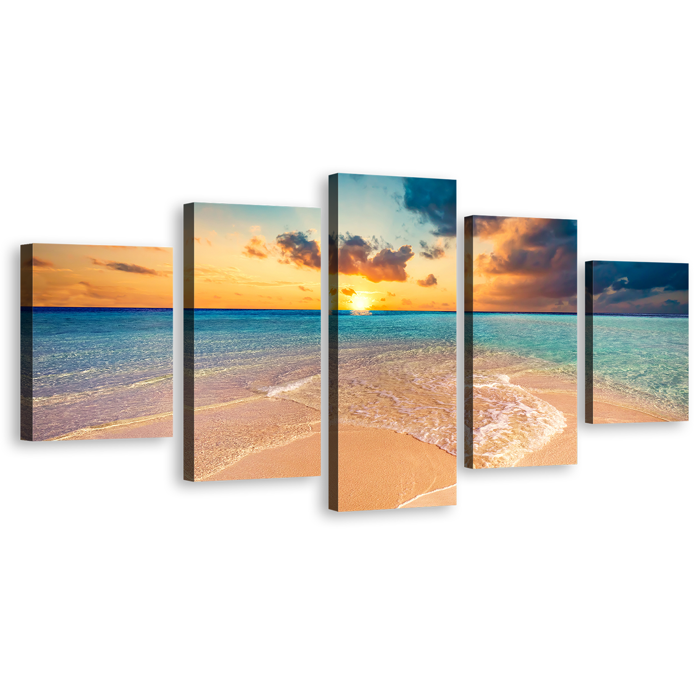 Cloudy Ocean Canvas Wall Art, Yellow Sky Maldives Island Canvas Print, Blue Sea Ocean Beach 5 Piece Multi Canvas Artwork