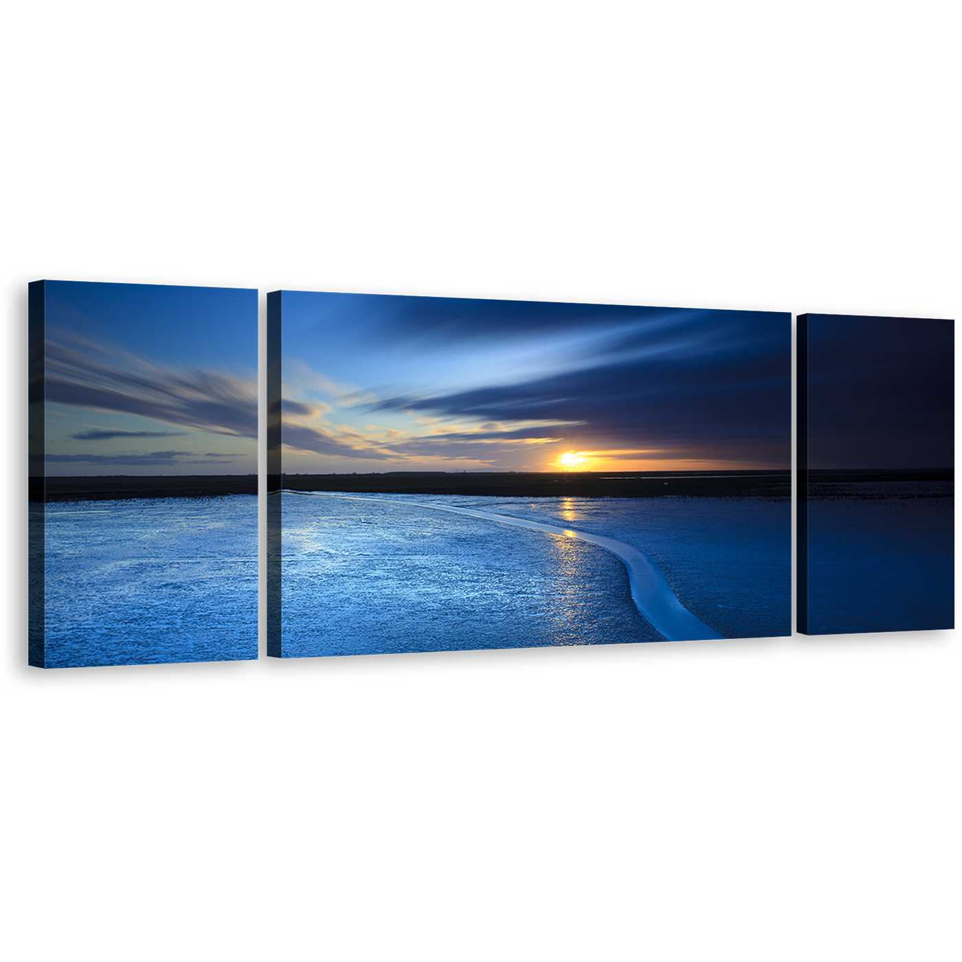 Cloudy Ocean Canvas Wall Art, Yellow Sunrise Seascape 3 Piece Canvas Print, Beautiful Blue Sky Ocean Triptych Multi Canvas Artwork