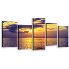 Load image into Gallery viewer, Cloudy Ocean Canvas Wall Art, Yellow Sunset Ocean Sky 5 Piece Canvas Print, Blue Clouds Calm Sea Canvas Set
