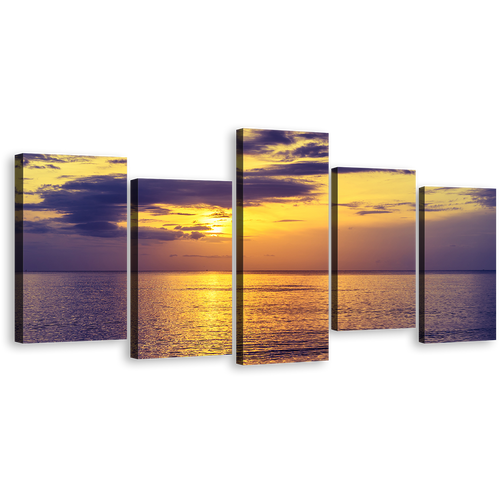 Cloudy Ocean Canvas Wall Art, Yellow Sunset Ocean Sky 5 Piece Canvas Print, Blue Clouds Calm Sea Canvas Set