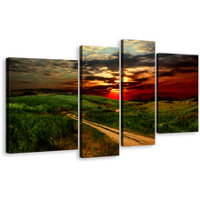 Load image into Gallery viewer, Cloudy Scenery Canvas Print, Yellow Red Road Hills Sunset 4 Piece Multi Canvas Artwork, Country Road Green Nature Scenery Canvas Wall Art
