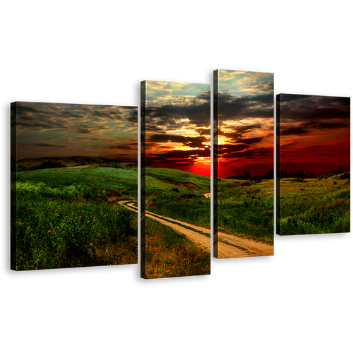 Cloudy Scenery Canvas Print, Yellow Red Road Hills Sunset 4 Piece Multi Canvas Artwork, Country Road Green Nature Scenery Canvas Wall Art